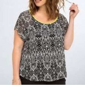 Torrid Semi-Sheer Geometric Shape Print Open Back Chiffon Blouse